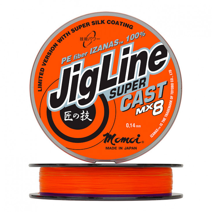 Шнур плетеный JigLine Super Cast 100 м, оранжевый/фиолетовый (0,10 мм, 7,8 кг)